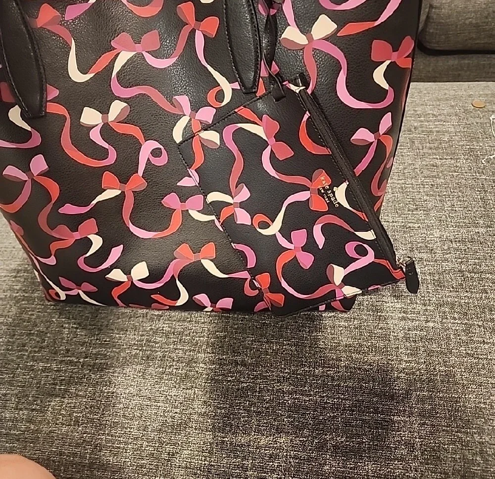kate spade Black Tote with Pink and Red Ribbon-Print--Reversible To All Red
